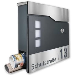 Briefkasten Mit FUNKKLINGEL ANTHRAZIT & Edelstahl Laser Namensblende