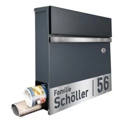 Briefkasten Mit FUNKKLINGEL ANTHRAZIT GRAU & Edelstahl Laser Namensblende
