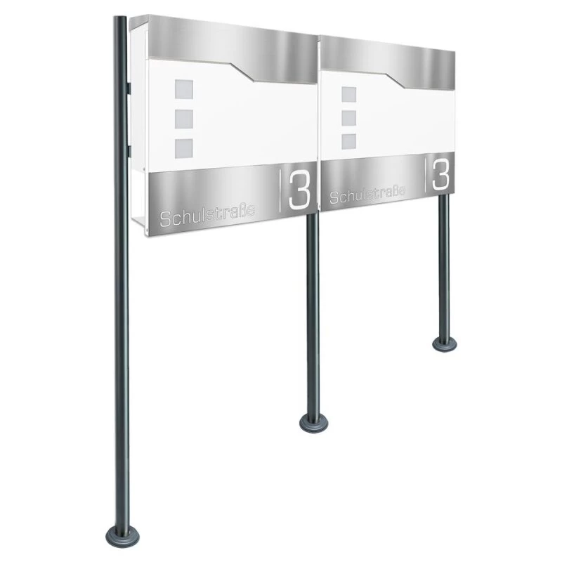 Doppel Standbriefkasten Inkl. Zeitungsfach RAL 9016 Weiß Mit Edelstahl Laser Namensblende