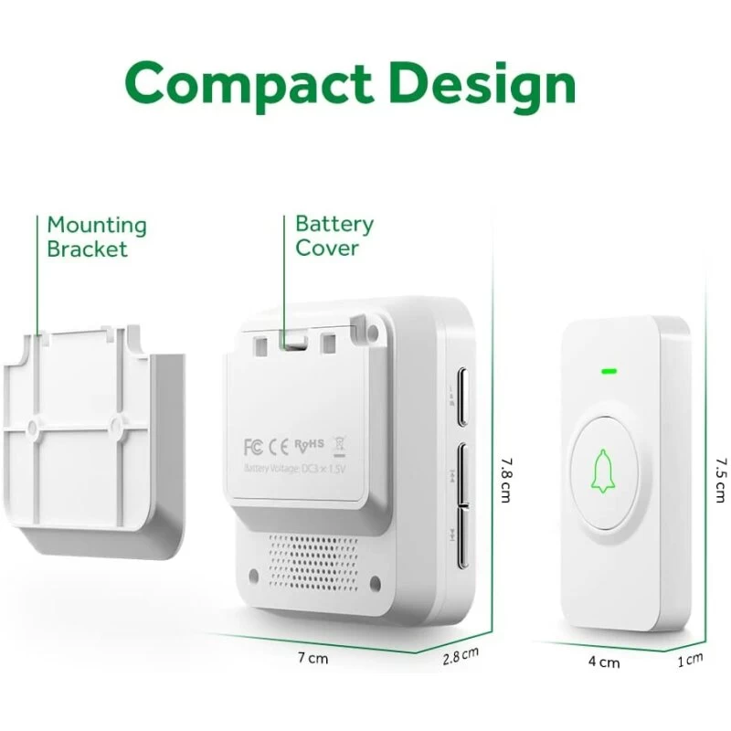 Funkklingel Batteriebetrieben WEIß 300m Reichweite – Bild 2