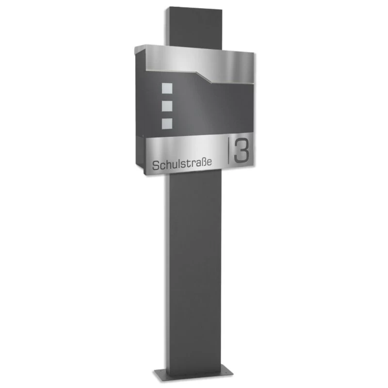 Säulenbriefkasten Inkl. Zeitungsfach RAL 7016 Anthrazit Grau Mit Edelstahl Laser Namensblende